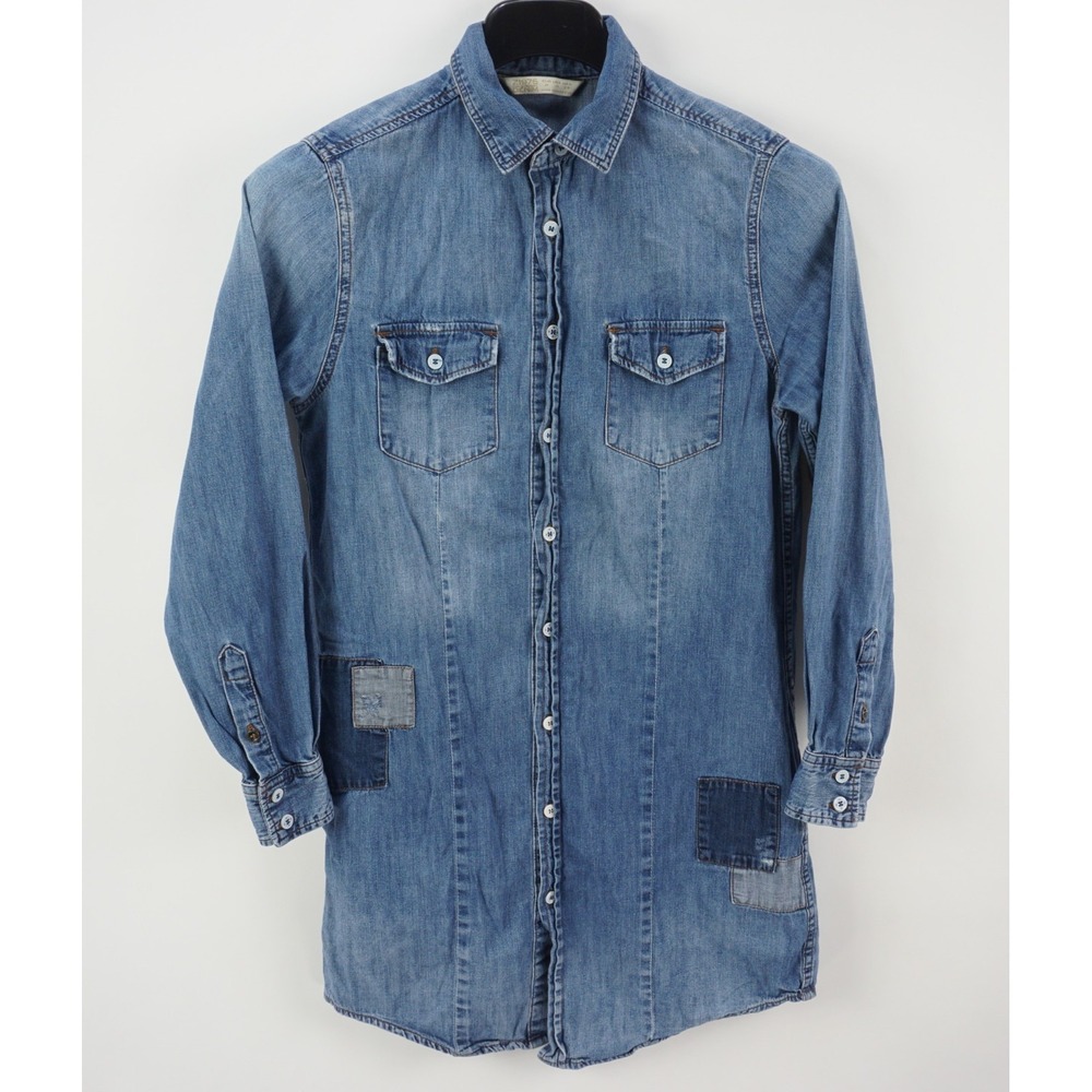 Zara Denim Patchwork Shirt Dress Women's Medium Blue Long Sleeve Button Front